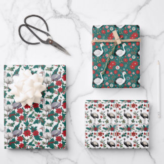Feuille De Papier Cadeau Ostriches Et Poinsettias De Noël