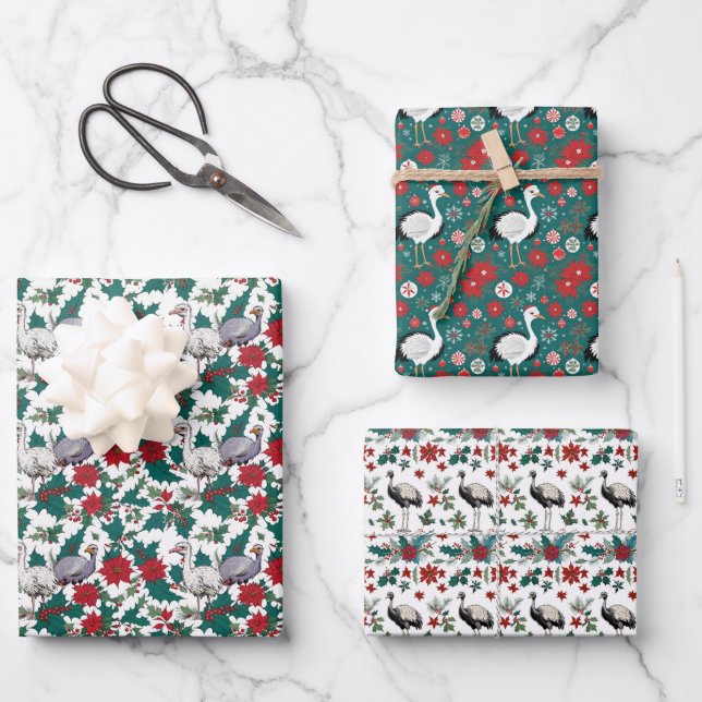Feuille De Papier Cadeau Ostriches Et Poinsettias De Noël (Recto)