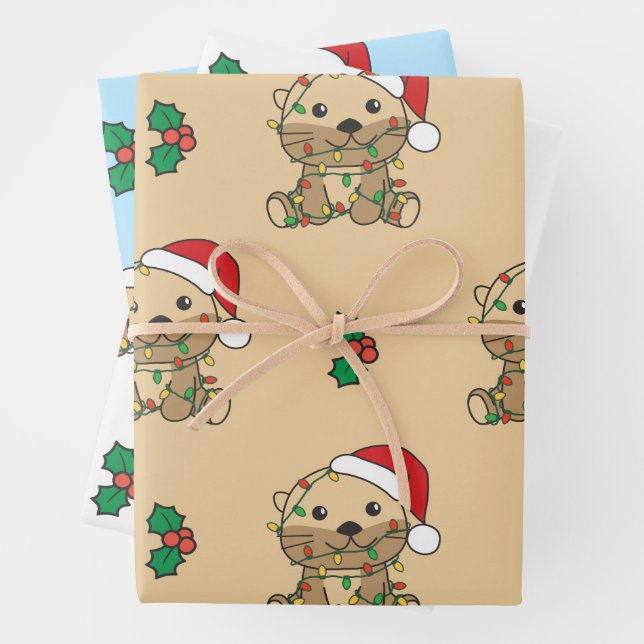 Feuille De Papier Cadeau Otter Christmas Winter Animaux Vacances Otters (En situation)