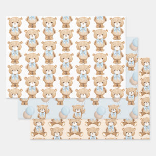 Feuille De Papier Cadeau Ours bleu Teddy avec balloon Baby Boy 1er annivers