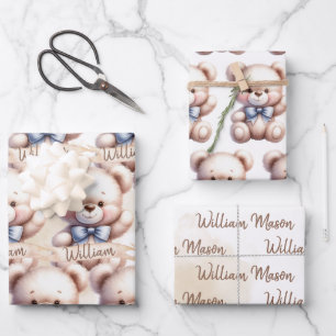 Feuille De Papier Cadeau Ours en peluche mignon Baby Shower Aquarelle