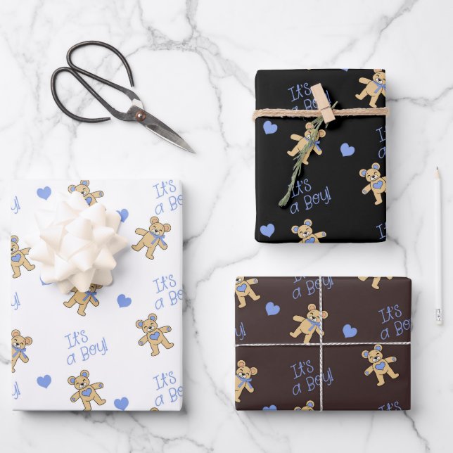 Feuille De Papier Cadeau Ours en peluche mignonne aux Coeurs Bleus (Recto)