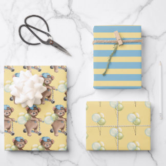Feuille De Papier Cadeau Ours en peluche sur scooter, rayé, ballons