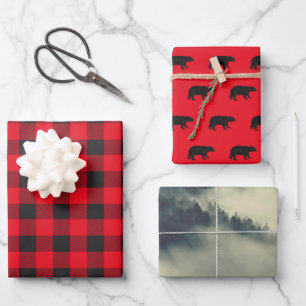 Feuille De Papier Cadeau Ours, Montagnes, Ensemble de bûcherons noirs et ro