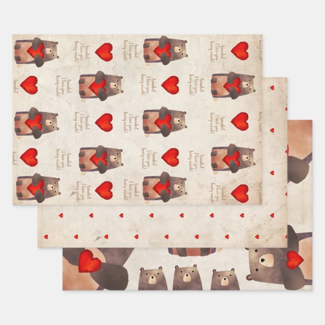 Feuille De Papier Cadeau Ours personnalisé mignon avec coeur (Lot)