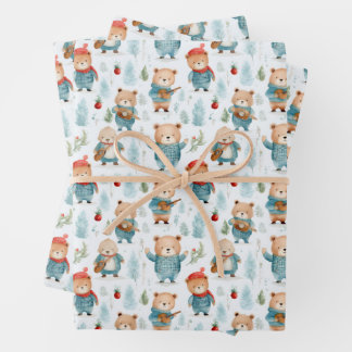 Feuille De Papier Cadeau Ours Plaid Rustique Motif de Noël d'hiver