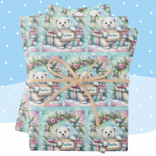 Feuille De Papier Cadeau Ours polaire doux Personnaliser Nom Noël 3