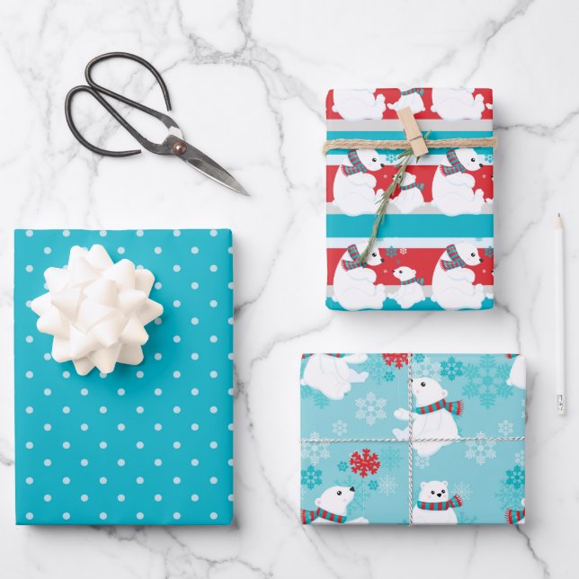 Feuille De Papier Cadeau Ours polaire mignon motif rouge blanc bleu polka p (Recto)