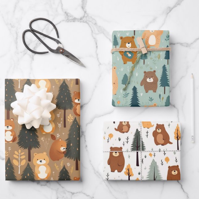 Feuille De Papier Cadeau Ours sauvages de la forêt (Recto)