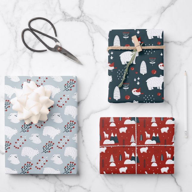 Feuille De Papier Cadeau Ours scandinave nordique Noël Motif (Recto)