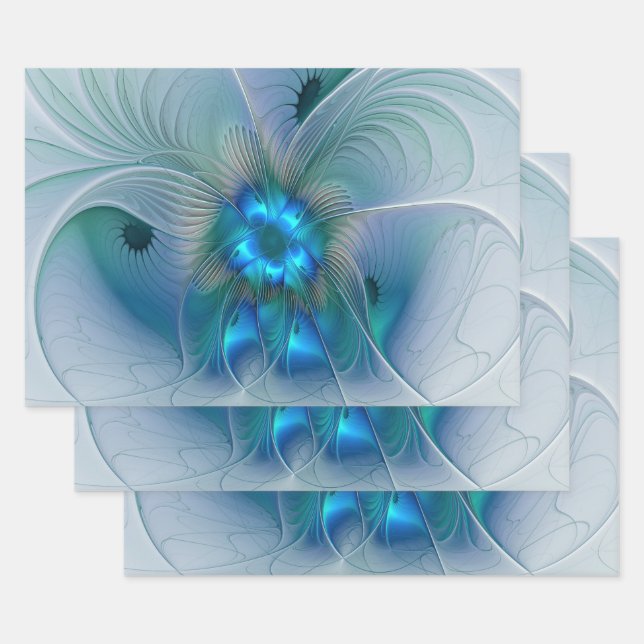 Feuille De Papier Cadeau Ovations debout, fractale abstraite bleu turquoise (Lot)