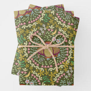 Feuille De Papier Cadeau Owl Folk Green