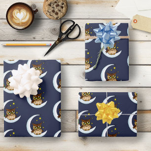 Feuille De Papier Cadeau Owl Moon Blue Cute Stars