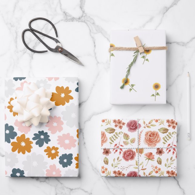Feuille De Papier Cadeau Pack 3 Floral (Recto)