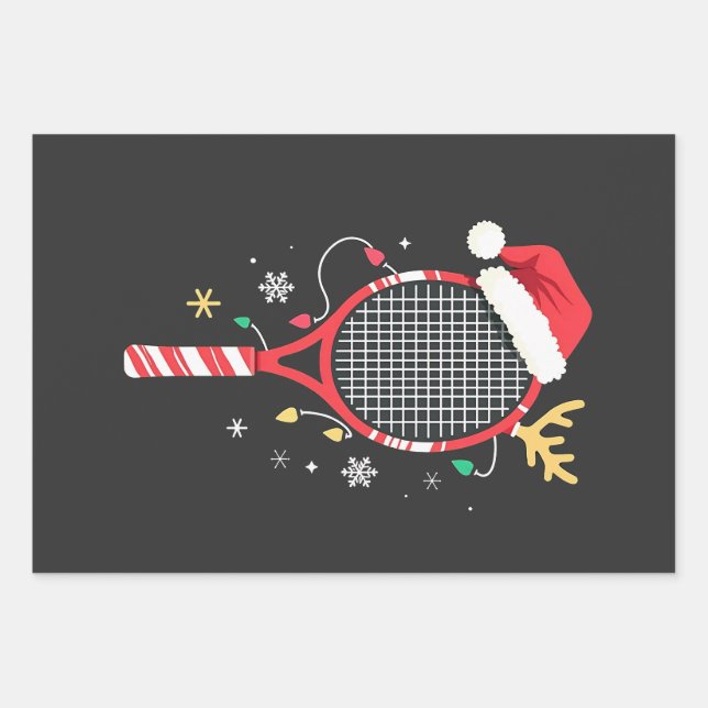 Feuille De Papier Cadeau Paddle de tennis avec chapeau de Santa et lumières (Devant)