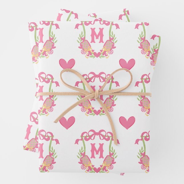 Feuille De Papier Cadeau Pagaie rose et vert Pickleball Monogram Crest (En situation)