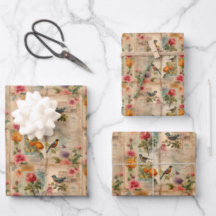 Feuille De Papier Cadeau Page de junk journal avec fleurs et oiseaux