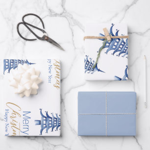 Feuille De Papier Cadeau Pagode bleue poussiéreuse