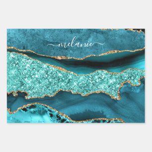 Feuille De Papier Cadeau Pailleté Bleu Turquoise Or Bleu Canard Nom Personn