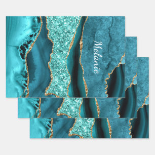 Feuille De Papier Cadeau Paillettes Bleu Turquoise Or Personnalisé Votre No