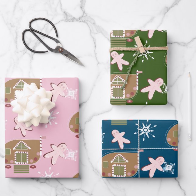 Feuille De Papier Cadeau Pain d'épice Cookies de la maison Pink Snowflakes (Recto)