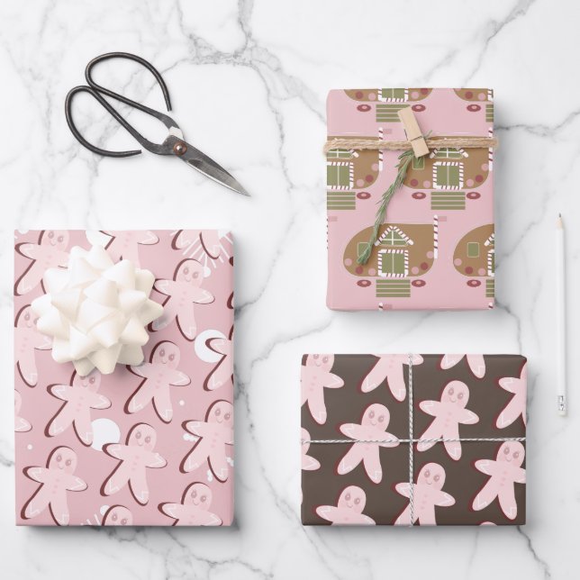 Feuille De Papier Cadeau Pain d'épices Maison de Noël Feux de neige rose (Recto)