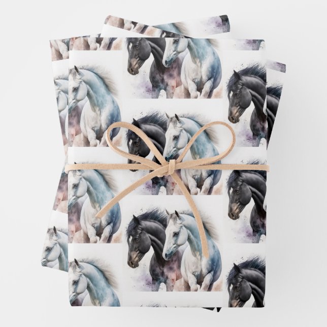 Feuille De Papier Cadeau Paire de cheval noir et blanc en aquarelle (En situation)