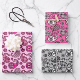 Feuille De Papier Cadeau Paisley Motif, Fuchsia rose et gris