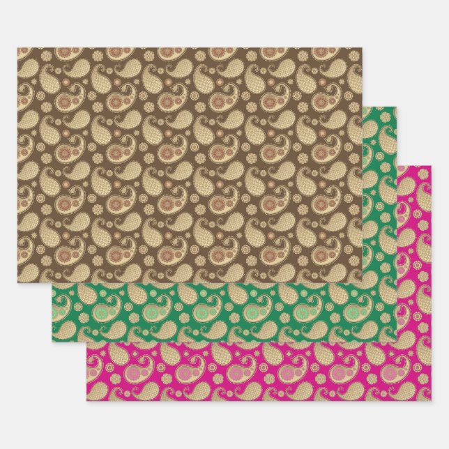 Feuille De Papier Cadeau Paisley motif, Soft Gold sur Brown, vert et rose (Lot)