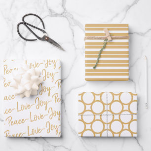 Feuille De Papier Cadeau Paix, Amour, Joy Gold et blanc Enveloppement de No