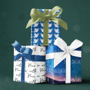 Feuille De Papier Cadeau Paix sur Terre Colombe Blanche Bleue Motif Noël