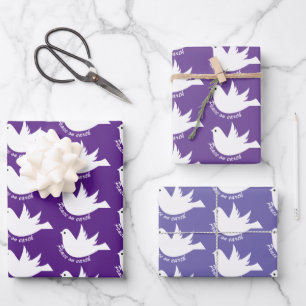 Feuille De Papier Cadeau Paix sur Terre colombe blanche Noël violet