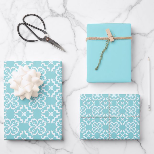 Feuille De Papier Cadeau Pale Robin's Egg Blue & White Floral Lattice  (Recto)