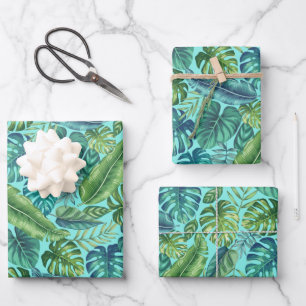 Feuille De Papier Cadeau Palm vert et Turquoise Tropical Banana Monstera Fe