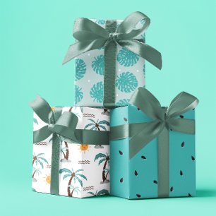 Feuille De Papier Cadeau Palmiers d'été bleu pastel set 3