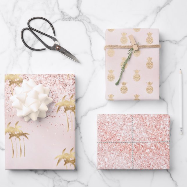 Feuille De Papier Cadeau Palmiers d'or Parties scintillant Ombre rose     (Recto)