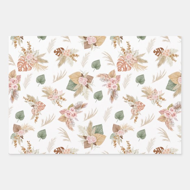 Feuille De Papier Cadeau Pampas Grass & Fleurs sur Blanc (Devant 2)