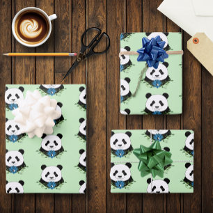 Feuille De Papier Cadeau Panda Bear Lotus Fleurs Bleu