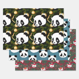 Feuille De Papier Cadeau Panda de Noël et ours