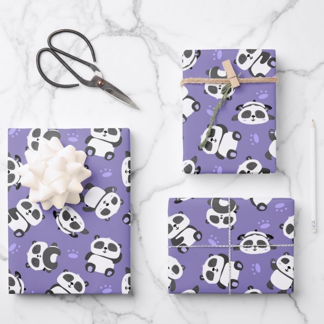 Feuille De Papier Cadeau Panda mignon patte fond bleu (Recto)