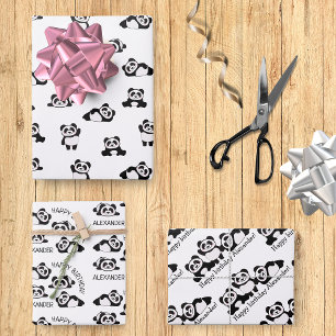 Feuille De Papier Cadeau Pandas mignonnes Motif noir et blanc Personnalisé 