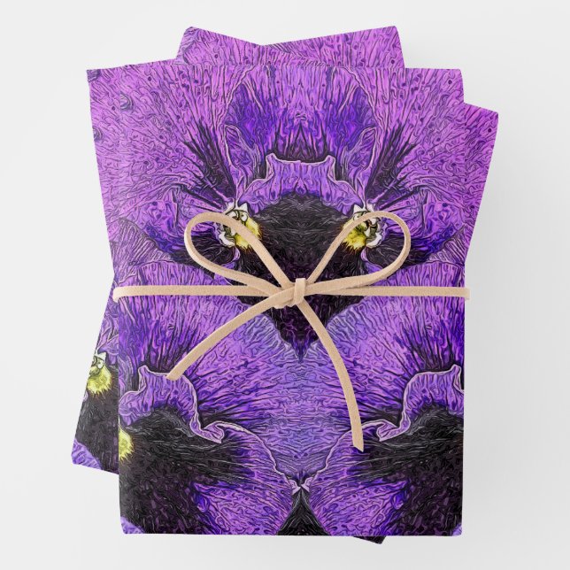 Feuille De Papier Cadeau Pansies violettes, peinture abstraite, art floral (En situation)