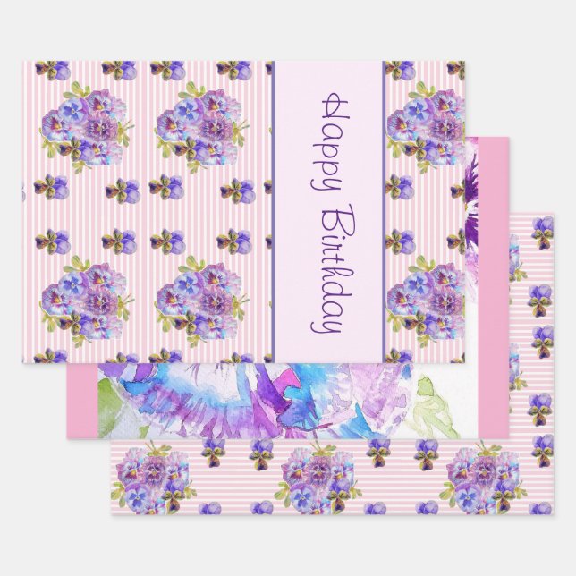 Feuille De Papier Cadeau Pansy Flower rose Frappe floral Joyeux anniversair (Lot)