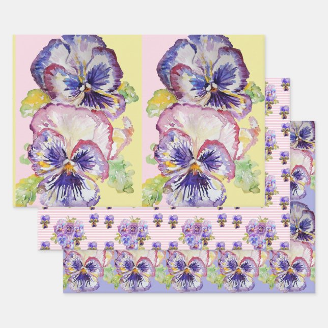 Feuille De Papier Cadeau Pansy violet Pansies fleur Aquarelle Peinture (Lot)