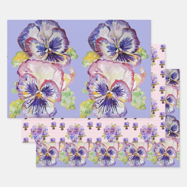 Feuille De Papier Cadeau Pansy violet Pansies fleur Aquarelle Peinture (Lot)