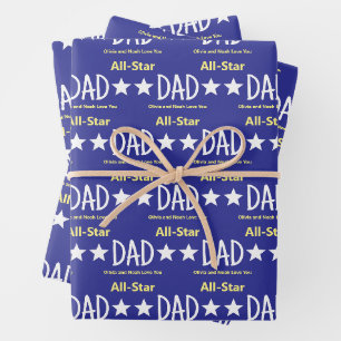 Feuille De Papier Cadeau Papa Toute Étoile Bleu et Jaune Noms des Enfants A