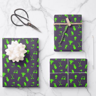 Feuille De Papier Cadeau Papiers Cadeau Golf Cart Clubs Vert sur Fond Nuit