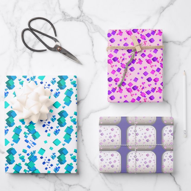 Feuille De Papier Cadeau Papiers de wrapping coeurs et cubes (Recto)
