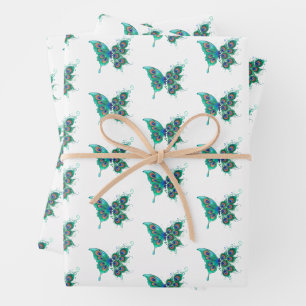 Feuille De Papier Cadeau Papillon aux plumes de paon vert