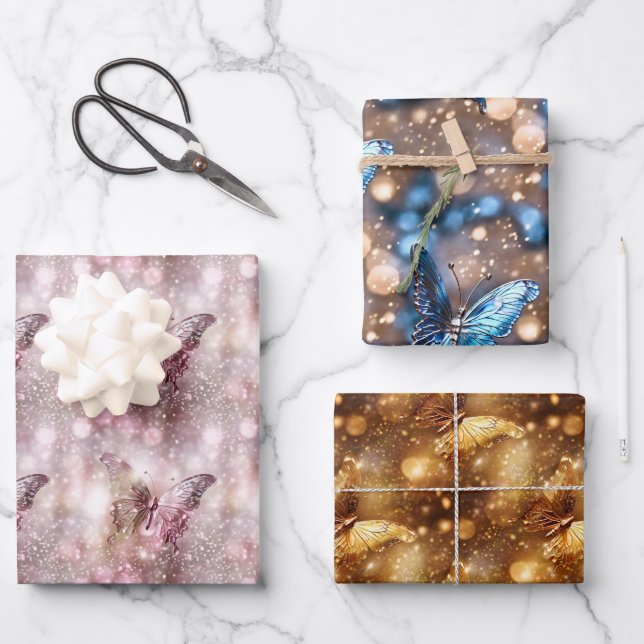 Feuille De Papier Cadeau Papillon brillant rose bleu parties scintillant or (Recto)